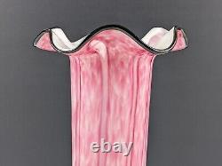 Pair of Large Franz Welz Pink & White Vertical Stripe Glass Vases With Black Rim