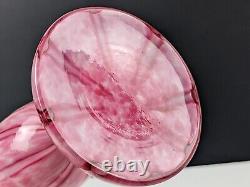 Pair of Large Franz Welz Pink & White Vertical Stripe Glass Vases With Black Rim