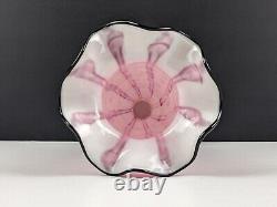 Pair of Large Franz Welz Pink & White Vertical Stripe Glass Vases With Black Rim