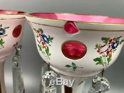 Pair of Victorian White over Cranberry Pink Crystal Bohemian Mantle 12 Lusters