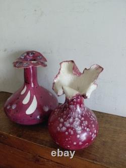 Pair of Vintage Art Glass Vases Cranberry Pink Frilled Studio Glass Decorative