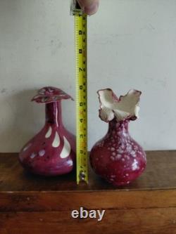 Pair of Vintage Art Glass Vases Cranberry Pink Frilled Studio Glass Decorative