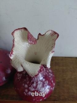 Pair of Vintage Art Glass Vases Cranberry Pink Frilled Studio Glass Decorative