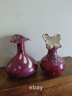Pair of Vintage Art Glass Vases Cranberry Pink Frilled Studio Glass Decorative