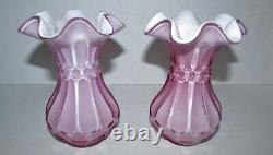 Pair of Vintage Fenton Pink and White Cased Art Glass Vases 1253