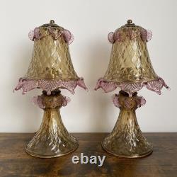 Pair of Vintage Murano Glass Pink & Amber Table Bedside Lamps Untested 25cm-10