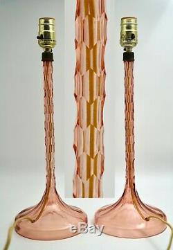 Pair of Vintage Pink Depression Glass Lamps Art Deco Geometric Pattern Cut