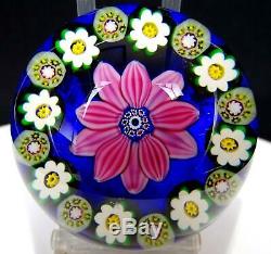 Paul Ysart Signed Pink Floral And Millefiori Canes Cobalt 2 3/4 Paperweight