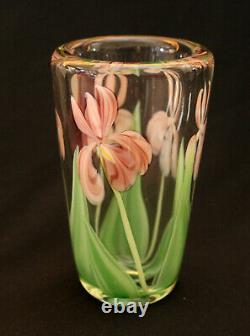 Perfect green & pink Orient and Flume Iris vase by Bruce Sillars USA