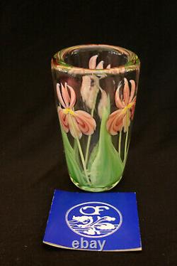 Perfect green & pink Orient and Flume Iris vase by Bruce Sillars USA