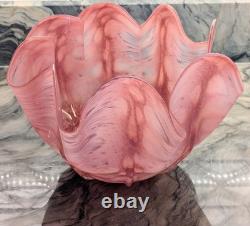 Pink Art Glass Bowl Hand Blown Cased Glass Ruffled Freeform Centerpiece 10 Vtg