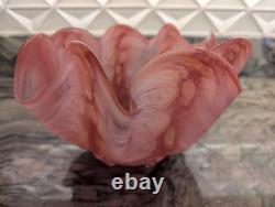 Pink Art Glass Bowl Hand Blown Cased Glass Ruffled Freeform Centerpiece 10 Vtg