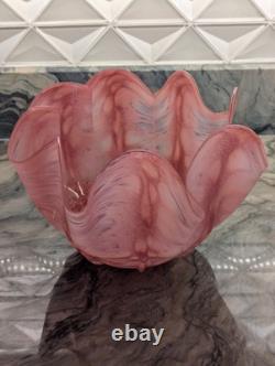 Pink Art Glass Bowl Hand Blown Cased Glass Ruffled Freeform Centerpiece 10 Vtg