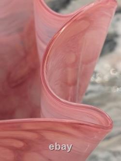 Pink Art Glass Bowl Hand Blown Cased Glass Ruffled Freeform Centerpiece 10 Vtg