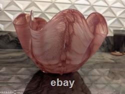 Pink Art Glass Bowl Hand Blown Cased Glass Ruffled Freeform Centerpiece 10 Vtg
