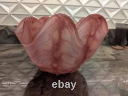 Pink Art Glass Bowl Hand Blown Cased Glass Ruffled Freeform Centerpiece 10 Vtg