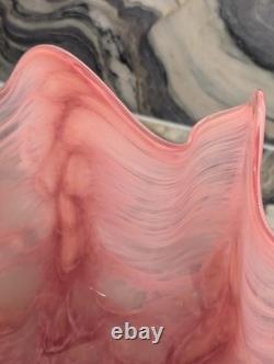 Pink Art Glass Bowl Hand Blown Cased Glass Ruffled Freeform Centerpiece 10 Vtg