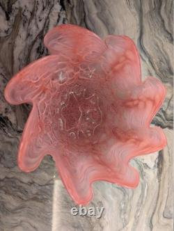 Pink Art Glass Bowl Hand Blown Cased Glass Ruffled Freeform Centerpiece 10 Vtg