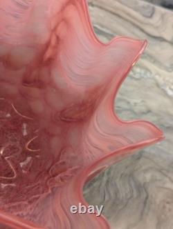 Pink Art Glass Bowl Hand Blown Cased Glass Ruffled Freeform Centerpiece 10 Vtg