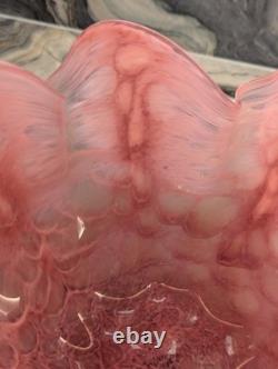 Pink Art Glass Bowl Hand Blown Cased Glass Ruffled Freeform Centerpiece 10 Vtg
