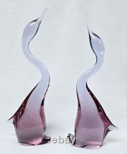 Pink Art Glass Heron Crane Bird Pair Miloslav Janku for Zelezny Brod Sklo 1960's