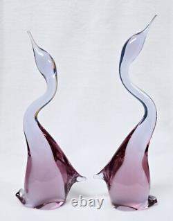 Pink Art Glass Heron Crane Bird Pair Miloslav Janku for Zelezny Brod Sklo 1960's