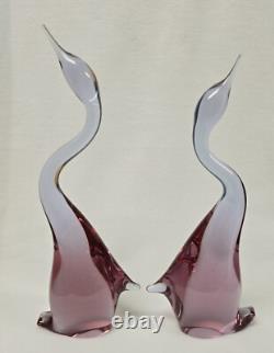 Pink Art Glass Heron Crane Bird Pair Miloslav Janku for Zelezny Brod Sklo 1960's