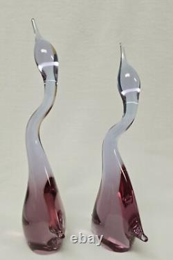 Pink Art Glass Heron Crane Bird Pair Miloslav Janku for Zelezny Brod Sklo 1960's