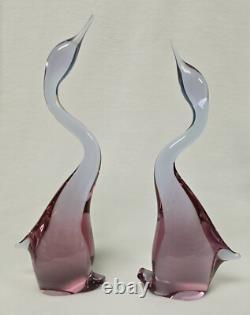 Pink Art Glass Heron Crane Bird Pair Miloslav Janku for Zelezny Brod Sklo 1960's