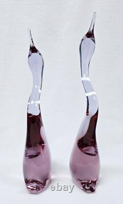 Pink Art Glass Heron Crane Bird Pair Miloslav Janku for Zelezny Brod Sklo 1960's