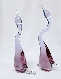 Pink Art Glass Heron Crane Bird Pair Miloslav Janku for Zelezny Brod Sklo 1960's