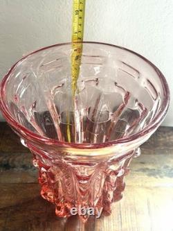 Pink Art Glass Vase Heavy Sculptural Bowl Mid Century Modern 8