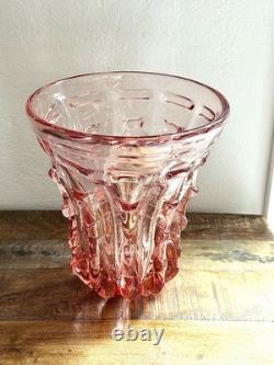 Pink Art Glass Vase Heavy Sculptural Bowl Mid Century Modern 8