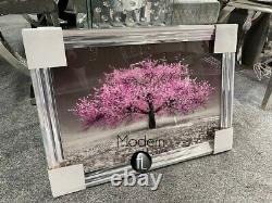 Pink Blossom 3D glitter art, Small pink glitter tree silver chrome wood frame