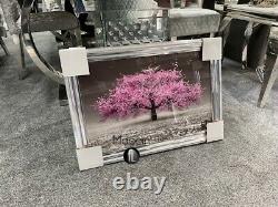 Pink Blossom 3D glitter art, Small pink glitter tree silver chrome wood frame