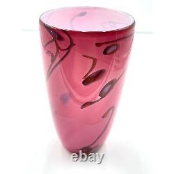 Pink Blown Glass Vase Drizzle Swirl Studio Art Signed Centerpeice Vintage