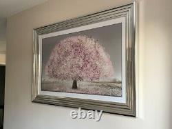 Pink Cherry Blossom Tree Liquid Art Picture Glass Silver frame 114cm x 74cm