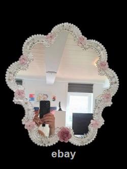 Pink Flower Venetian Murano Glass Mirror, Italian Art Glass, Floral Wall Mirror