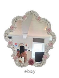 Pink Flower Venetian Murano Glass Mirror, Italian Art Glass, Floral Wall Mirror