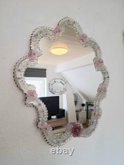 Pink Flower Venetian Murano Glass Mirror, Italian Art Glass, Floral Wall Mirror