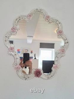 Pink Flower Venetian Murano Glass Mirror, Italian Art Glass, Floral Wall Mirror
