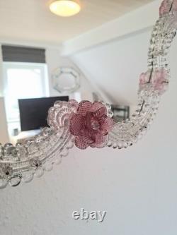 Pink Flower Venetian Murano Glass Mirror, Italian Art Glass, Floral Wall Mirror