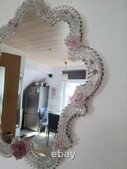 Pink Flower Venetian Murano Glass Mirror, Italian Art Glass, Floral Wall Mirror