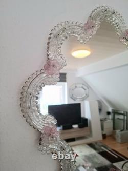 Pink Flower Venetian Murano Glass Mirror, Italian Art Glass, Floral Wall Mirror