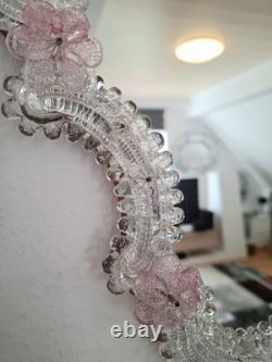 Pink Flower Venetian Murano Glass Mirror, Italian Art Glass, Floral Wall Mirror
