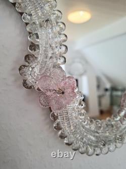 Pink Flower Venetian Murano Glass Mirror, Italian Art Glass, Floral Wall Mirror