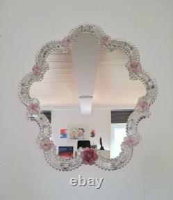 Pink Flower Venetian Murano Glass Mirror, Italian Art Glass, Floral Wall Mirror