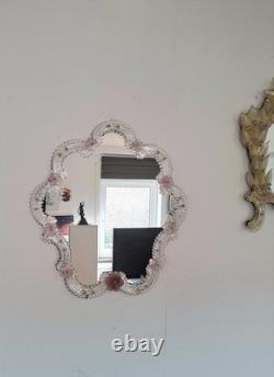 Pink Flower Venetian Murano Glass Mirror, Italian Art Glass, Floral Wall Mirror