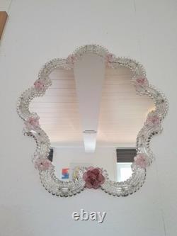 Pink Flower Venetian Murano Glass Mirror, Italian Art Glass, Floral Wall Mirror