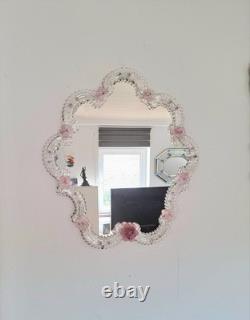 Pink Flower Venetian Murano Glass Mirror, Italian Art Glass, Floral Wall Mirror